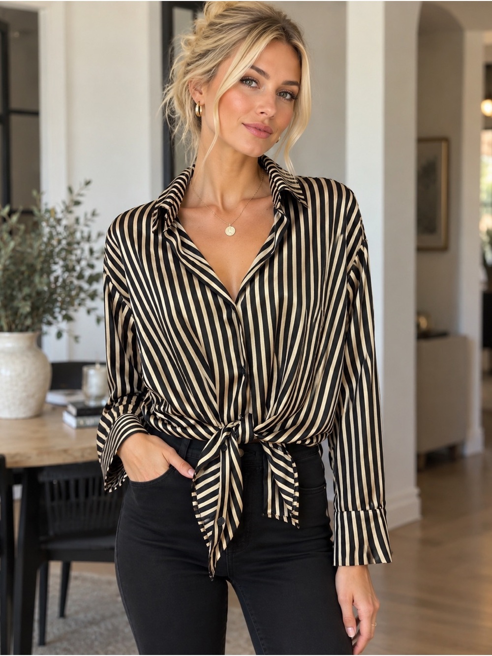 vestique Black and Cream Striped Tie-Front Blouse